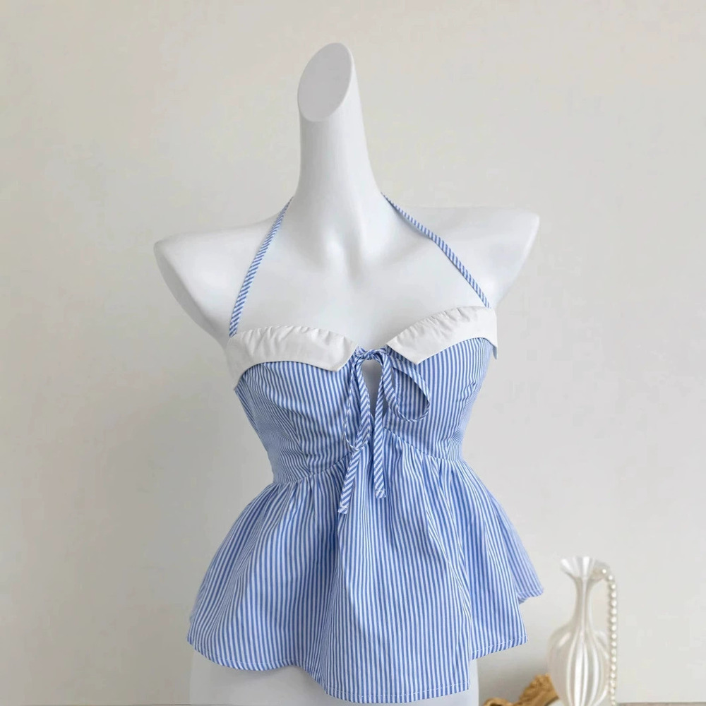 ZARA Spring Summer Pastel Unique Butterfly Lace Up Halter Dress Blue White
